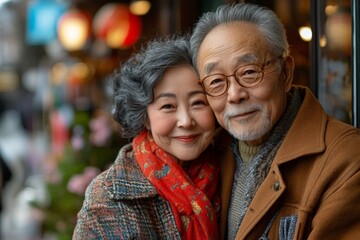 Fototapeta premium Elderly couple smiling contentedly in a charming street setting during a sunny afternoon