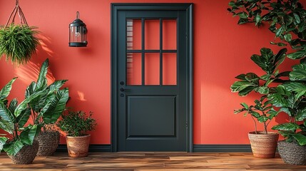 Fototapeta premium Coral Home Entrance with Lush Greenery and Dark Door
