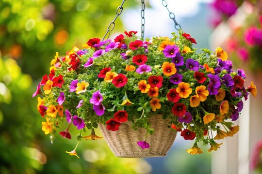 Miniature hanging basket, overflowing with calibrachoa, showcased in a tilt-shift 3D render against a pristine white backdrop.