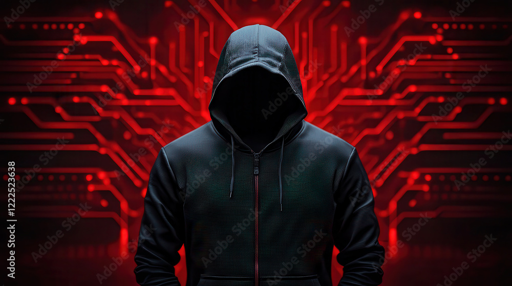 Poster mysterious figure in black hoodie against red circuit board background, symbolizing technology and a