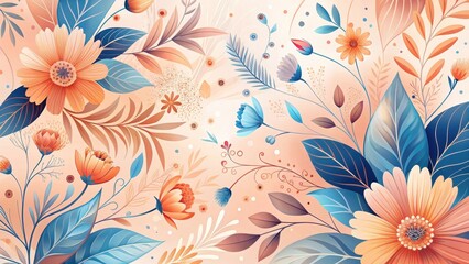 Artistic Floral Composition with Peach and Teal Hues, Featuring Intricate Botanical Details and a Delicate, Dreamlike Aesthetic