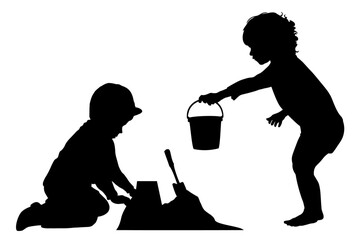 Children and pets silhouettes. Little girl and boy playing on the shore sand. Vector illustration.