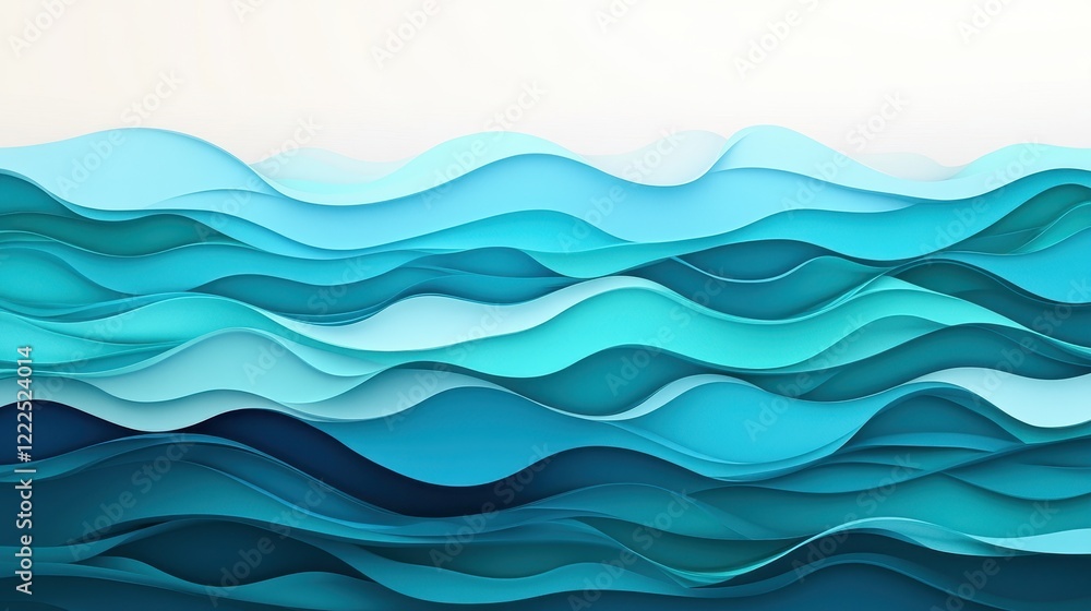 Poster abstract blue paper waves, layered wavy background with gradient color transitions