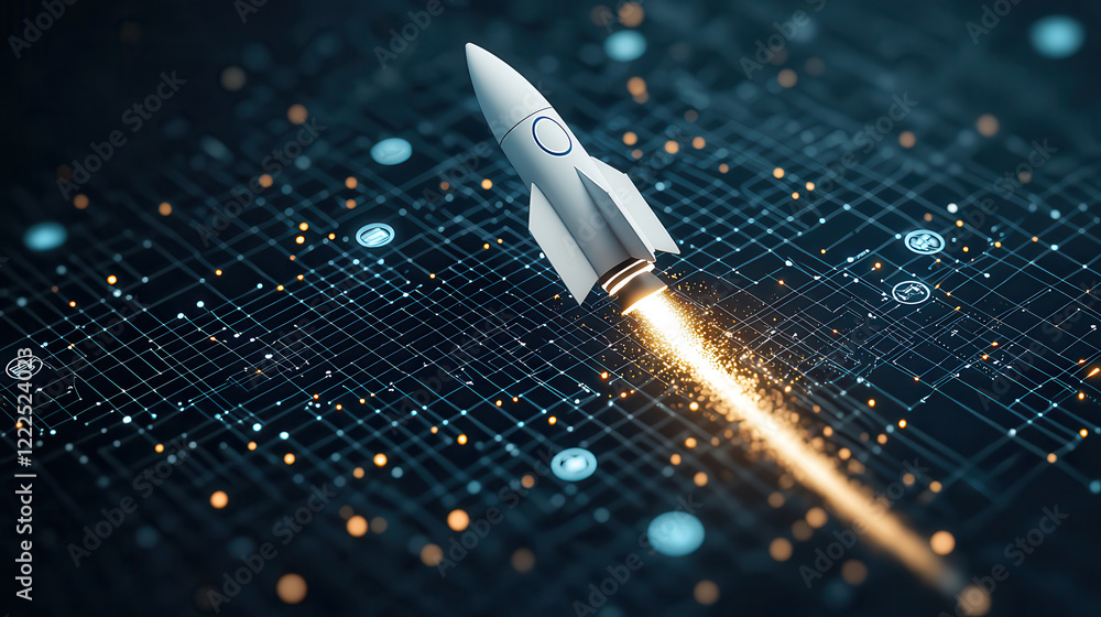 Poster sleek white rocket launches into digital space, leaving trail of sparks. background features network