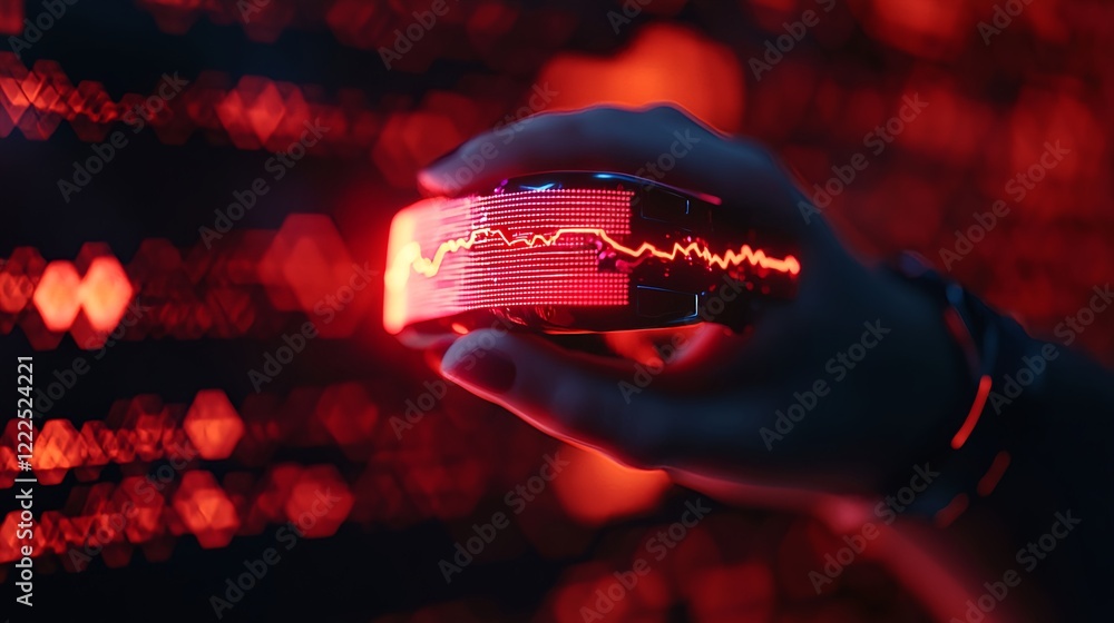 Poster hand holding device with red heartbeat display on dark background