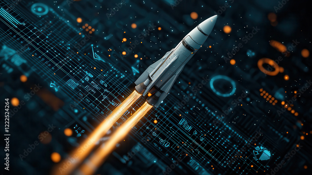 Fototapete sleek white rocket launches into digital space, surrounded by glowing circuits and data patterns, sy