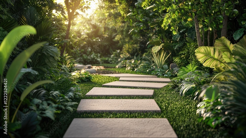 Aufkleber gardening landscaping concept. a serene pathway through lush greenery, illuminated by soft sunlight 
