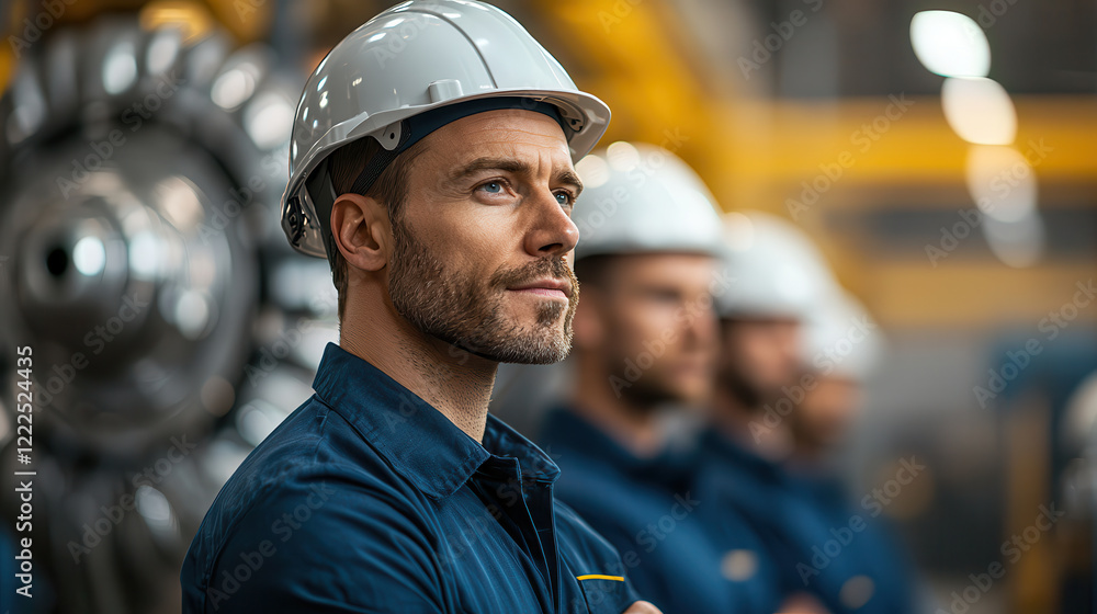 Poster focused engineer in hard hat stands confidently in factory, surrounded by colleagues. atmosphere ref