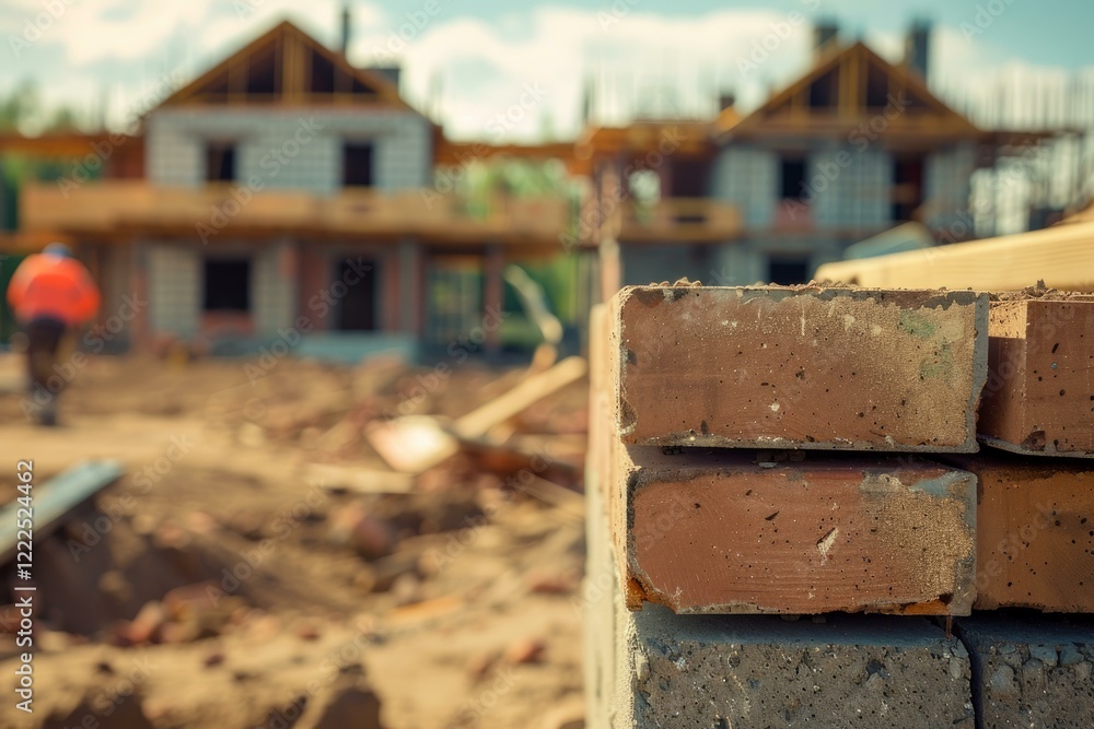 Poster bricks are stacked on a construction site with houses being built in the background, creating a sens