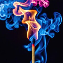 Matchstick is lit and the flame is blue and orange