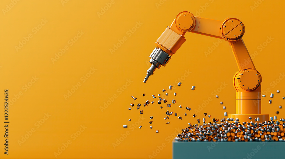 Fototapete automated robotic arm sorting metallic objects on vibrant orange background, showcasing industrial t