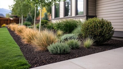 Obraz premium Gardening landscaping concept. Lush garden scene featuring diverse ornamental grasses and shrubs near a modern home.
