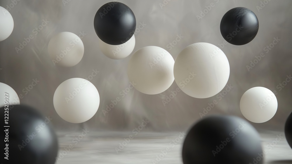 Poster floating in a timeless void, a cluster of pristine spheres dance in perfect harmony.