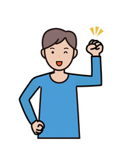 ガッツポーズでやる気満々の若い男性の上半身イラスト