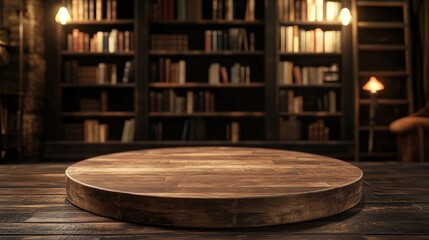 Fototapeta premium Dark Academia Wood Table Top with Blurred Bookshelves Background