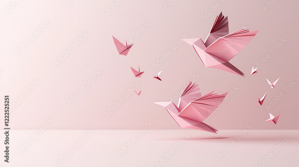 Poster create serene scene of pink paper birds in flight, symbolizing freedom and creativity. delicate orig