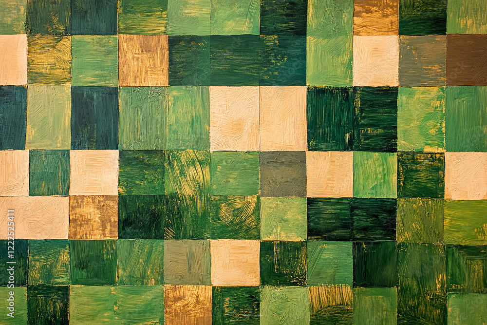 Aufkleber square tile pattern with shades of green and beige creating an abstract textured mosaic