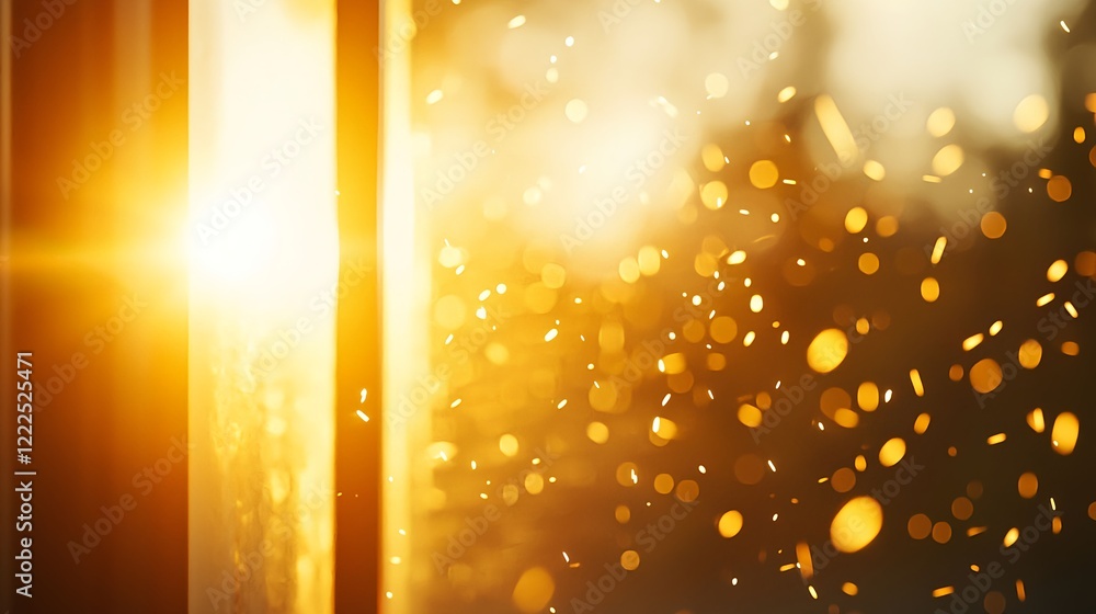 Poster golden sunlight filtering through window with bokeh effect
