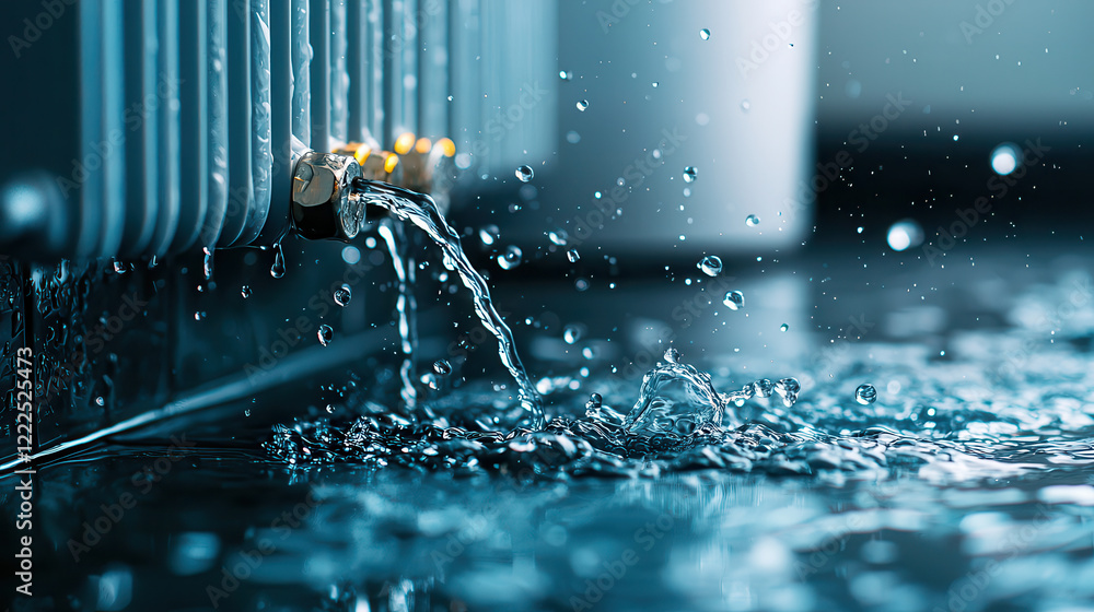 Poster water jetting from radiator, creating splashes and droplets on surface, showcasing beauty of fluid d