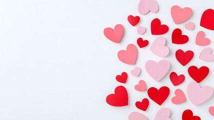 Red and pink confetti top view background. Paper cut decorations for Valentine's day design