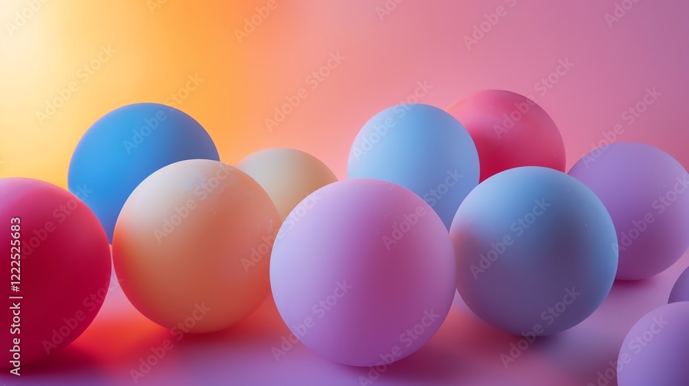 Poster 3d rendering of a group of pastel colored spheres with a gradient background.