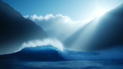 Naklejka premium Majestic Ocean Waves Under Soft Blue Light with Mountain Background