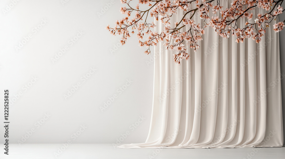 Poster elegant studio setting with white curtains and cherry blossom branches, creating serene atmosphere. 