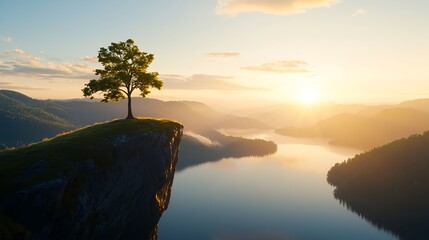 Solitary Tree on Cliff Overlooking Serene Lake at Sunrise