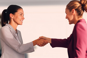 Businesswoman and businessman shaking hands in modern office.