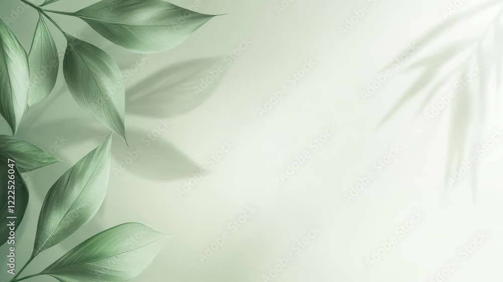 Poster minimalist green leaves background with soft shadow, ideal for text overlay and design