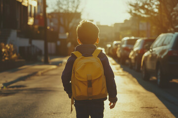 A child walks home from school on a rainy afternoon.