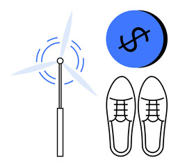 Fototapeta premium Wind turbine with rotating blades, dollar currency sign in a circle, pair of shoes. Ideal for sustainability, green energy, financial growth, eco-friendly living, cost-effectiveness, renewable