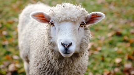 Obraz premium Close-Up Image of a Cute Sheep with Soft Wool in a Green Field