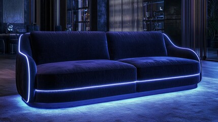 Futuristic Mid-Century Sofa with LED Illumination and Holographic Patterns in Cinematic Setting