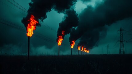 Obraz premium Flames Erupting from Industrial Towers Under Dark Cloudy Sky