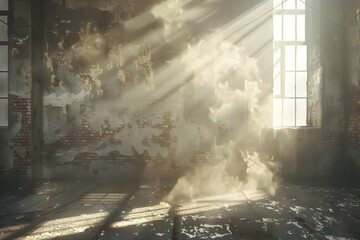 The sun shines through the window of an abandoned building