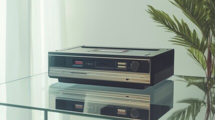 Fototapeta premium Retro-Futuristic Fusion: Cassette Tape Answering Machine with Voice-Activated Digital Assistant on Glass Console Table Cinematic Image