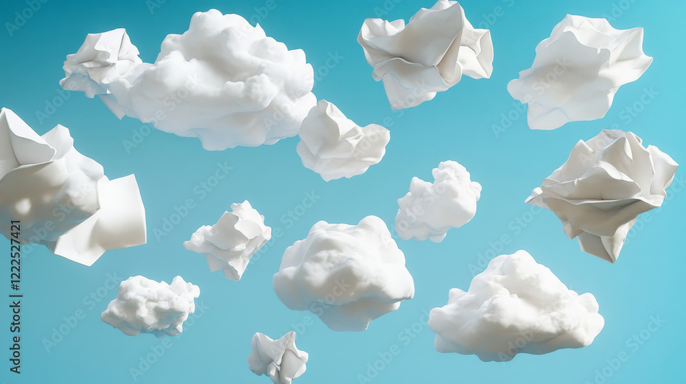 Poster white clouds in blue sky. vector realistic fluffy different shapes clouds in clean heaven in summer 