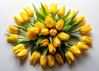 Fototapeta premium Sun-drenched yellow tulips burst from a surreal spring bouquet, isolated on white, leaving ample space for text.