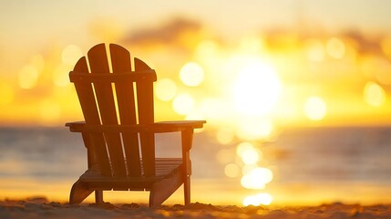 Sunset Over tranquil Beach with Empty Adirondack Chair in Focus