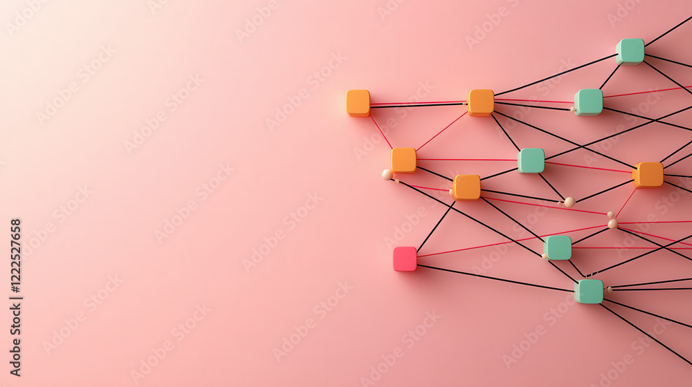 Aufkleber Connected network of colorful nodes and lines on pink background, symbolizing communication and technology. This abstract design evokes sense of connectivity and innovation