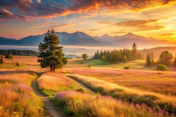 Golden Hour Meadow Path Winding Through a Serene Mountain Landscape at Sunrise