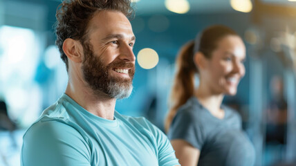 Fototapeta premium smiling man in light blue shirt and woman in gray shirt are seen in gym setting, with blurred exercise equipment in background, creating positive and energetic atmosphere