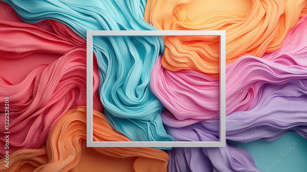Poster colorful flowing fabric waves in pastel shades with white frame. this abstract image evokes sense of