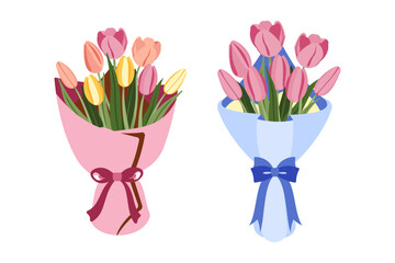 Pink and blue bouquets of flower (Tulip) on white background