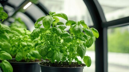 Urban gardening idea. Fresh basil plants thriving in a modern greenhouse with natural lighting.
