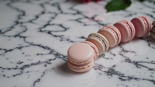 A Row of Delicate Macarons: A close-up of pastel pink macarons arranged in a row on a marble countertop, showcasing their delicate layers and tempting textures. The soft.