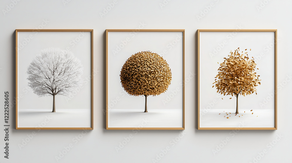 Poster beautiful illustration featuring three framed trees representing different seasons bare winter tree,