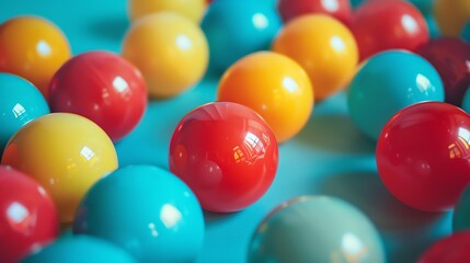 A variety of colorful balls of different sizes are scattered on a blue surface. The balls are red, yellow, blue, and green.