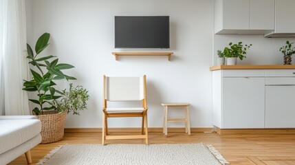 Furniture trendy and minimal innovative, A minimalist living room featuring a wooden chair, small table, television, and indoor plants, creating a serene and modern atmosphere.